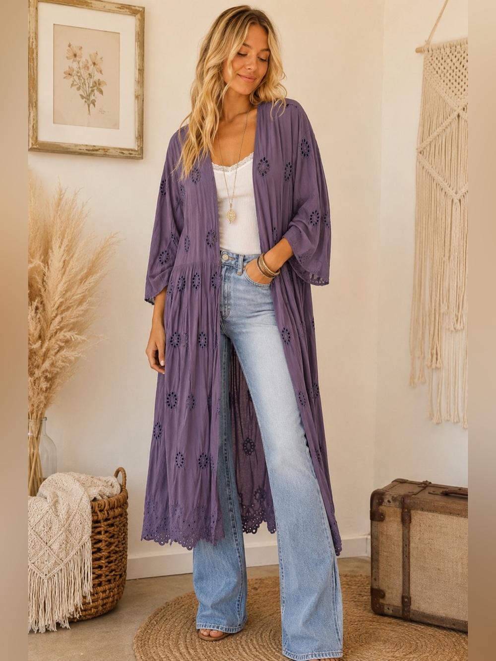 Purple Eyelet Long Open Kimono Cardigan for Women